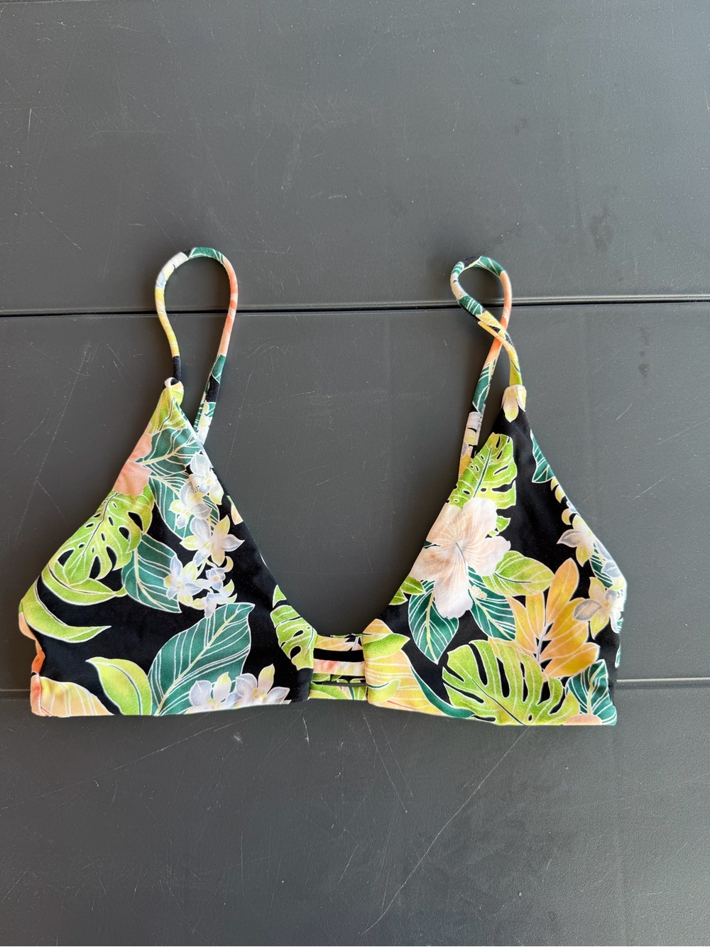 Volcom Tropical Leaf Floral Bikini Top - Black/Green/Yellow